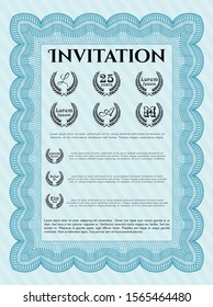 Light blue Formal invitation template. Excellent design. With great quality guilloche pattern. Vector illustration. 