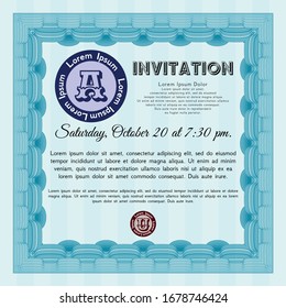 Light blue Formal invitation template. Nice design. With great quality guilloche pattern. Vector illustration. 