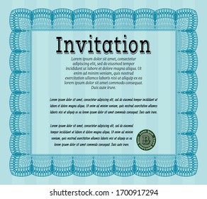 Light blue Formal invitation template. Customizable, Easy to edit and change colors. With guilloche pattern. Money design. 