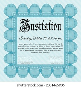 Light Blue Formal Invitation Template. Artistry Design. With Guilloche Pattern And Background.  