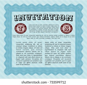 Light blue Formal invitation template. With great quality guilloche pattern. Artistry design. Customizable, Easy to edit and change colors. 