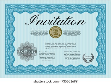 Light blue Formal invitation template. Artistry design. Easy to print. Detailed. 