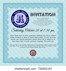 Light blue Formal invitation template. With guilloche pattern and background. Excellent design. Detailed. 