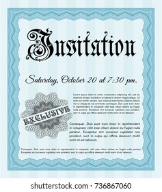 Light blue Formal invitation template. Vector illustration. Printer friendly. Money design. 