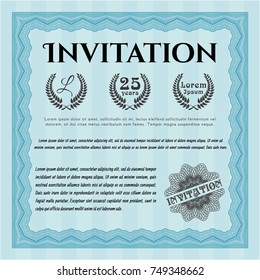 Light blue Formal invitation template. Vector illustration. With guilloche pattern. Money Pattern. 