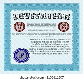Light blue Formal invitation. Vector illustration. With complex linear background. Lovely design. 