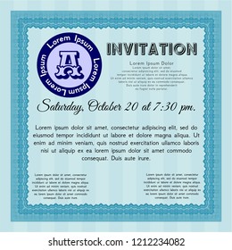 Light blue Formal invitation. Vector illustration. With guilloche pattern. Modern design. 