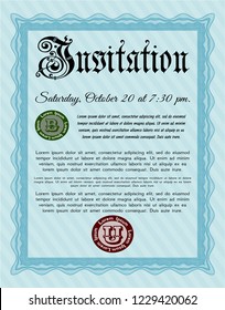 Light blue Formal invitation. Vector illustration. With complex linear background. Lovely design. 