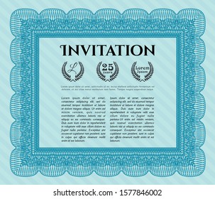 Light blue Formal invitation. Vector illustration. With guilloche pattern. Lovely design. 