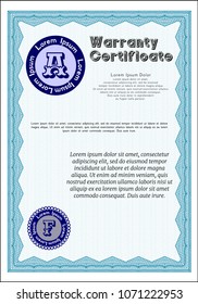  Light blue Formal Warranty Certificate template. Money design. Detailed. Easy to print. 