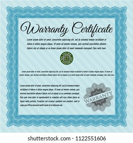 Light blue Formal Warranty Certificate template. Printer friendly. Customizable, Easy to edit and change colors. Nice design. 