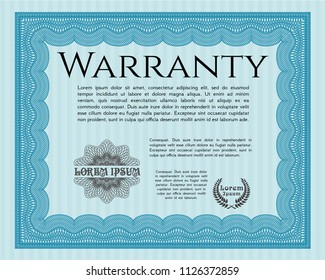 Light blue Formal Warranty Certificate template. Perfect design. Detailed. With quality background. 