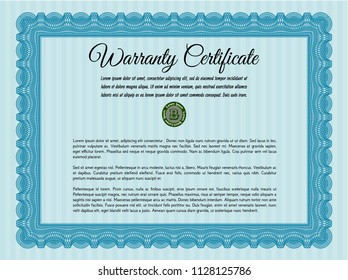 Light blue Formal Warranty Certificate template. With quality background. Customizable, Easy to edit and change colors. Sophisticated design. 