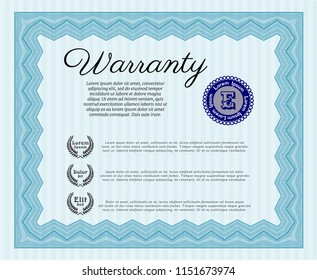 Light blue Formal Warranty Certificate template. Money style design. Complex background. Detailed. 