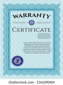 Light blue Formal Warranty Certificate template. With guilloche pattern and background. Sophisticated design. Vector illustration. 