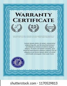 Light blue Formal Warranty Certificate template. Detailed. Complex background. Money Pattern design. 