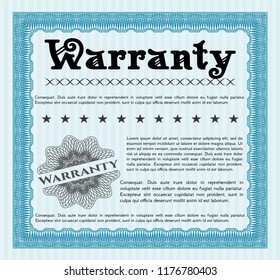 Light blue Formal Warranty Certificate template. Sophisticated design. Detailed. With linear background. 