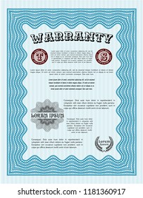 Light blue Formal Warranty Certificate template. Excellent design. With complex background. Detailed. 
