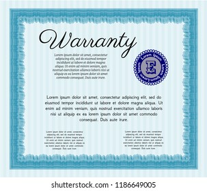 Light blue Formal Warranty Certificate template. With guilloche pattern and background. Customizable, Easy to edit and change colors. Elegant design. 