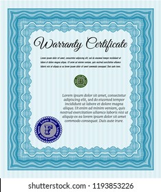 Light blue Formal Warranty Certificate template. With quality background. Vector illustration. Sophisticated design. 