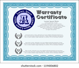 Light blue Formal Warranty Certificate template. Superior design. Detailed. With guilloche pattern and background. 