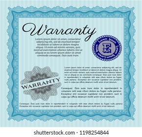 Light blue Formal Warranty Certificate template. Money Pattern design. Detailed. Easy to print. 