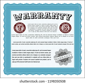 Light blue Formal Warranty Certificate template. With guilloche pattern. Lovely design. Detailed. 