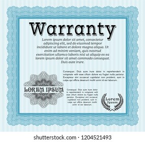 Light blue Formal Warranty Certificate template. Easy to print. Modern design. Detailed. 