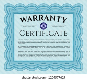 Light blue Formal Warranty Certificate template. Detailed. With complex background. Retro design. 