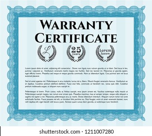 Light blue Formal Warranty Certificate template. Customizable, Easy to edit and change colors. With guilloche pattern. Cordial design. 