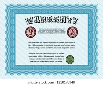 Light blue Formal Warranty Certificate template. Perfect design. With quality background. Vector illustration. 