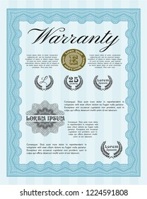 Light blue Formal Warranty Certificate template. Complex background. Customizable, Easy to edit and change colors. Artistry design. 