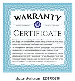 Light blue Formal Warranty Certificate template. With complex background. Customizable, Easy to edit and change colors. Money Pattern design. 