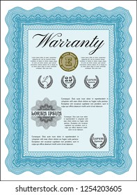Light blue Formal Warranty Certificate template. With complex linear background. Detailed. Good design. 