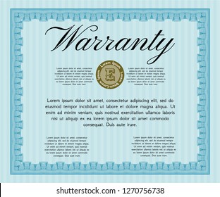Light blue Formal Warranty Certificate template. With linear background. Money style design. Customizable, Easy to edit and change colors. 