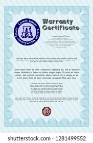 Light blue Formal Warranty Certificate template. With guilloche pattern. Artistry design. Detailed. 