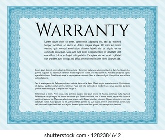 Light blue Formal Warranty Certificate template. Vector illustration. Complex background. Elegant design. 