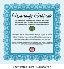 Light blue Formal Warranty Certificate template. Customizable, Easy to edit and change colors. With complex linear background. Excellent design. 