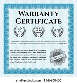 Light blue Formal Warranty Certificate template. With complex background. Cordial design. Customizable, Easy to edit and change colors. 