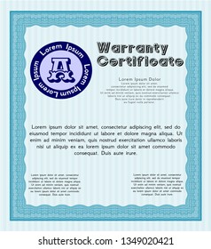 Light blue Formal Warranty Certificate template. Detailed. Printer friendly. Nice design. 
