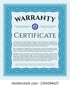 Light blue Formal Warranty Certificate template. With complex background. Detailed. Elegant design. 