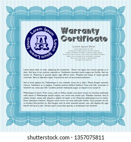 Light blue Formal Warranty Certificate template. Nice design. Detailed. With complex background. 