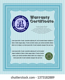 Light blue Formal Warranty Certificate template. Complex background. Detailed. Money style design. 
