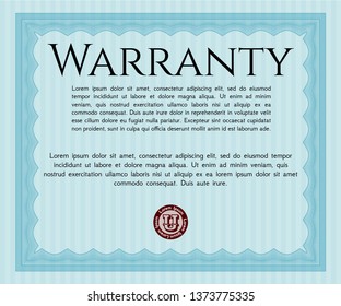 Light blue Formal Warranty Certificate template. With guilloche pattern and background. Customizable, Easy to edit and change colors. Superior design. 