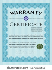 Light blue Formal Warranty Certificate template. Printer friendly. Money Pattern. Customizable, Easy to edit and change colors. 