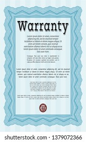 Light blue Formal Warranty Certificate template. Sophisticated design. With great quality guilloche pattern. Detailed. 