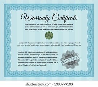 Light blue Formal Warranty Certificate template. With complex background. Detailed. Modern design. 