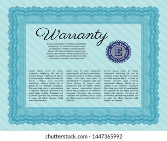 Light blue Formal Warranty Certificate template. Customizable, Easy to edit and change colors. With linear background. Money style design. 