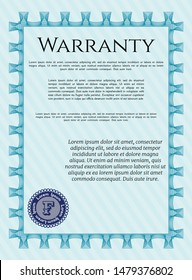 Light blue Formal Warranty Certificate template. Excellent design. With guilloche pattern. Customizable, Easy to edit and change colors. 