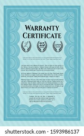 Light blue Formal Warranty Certificate template. Cordial design. Detailed. Printer friendly. 